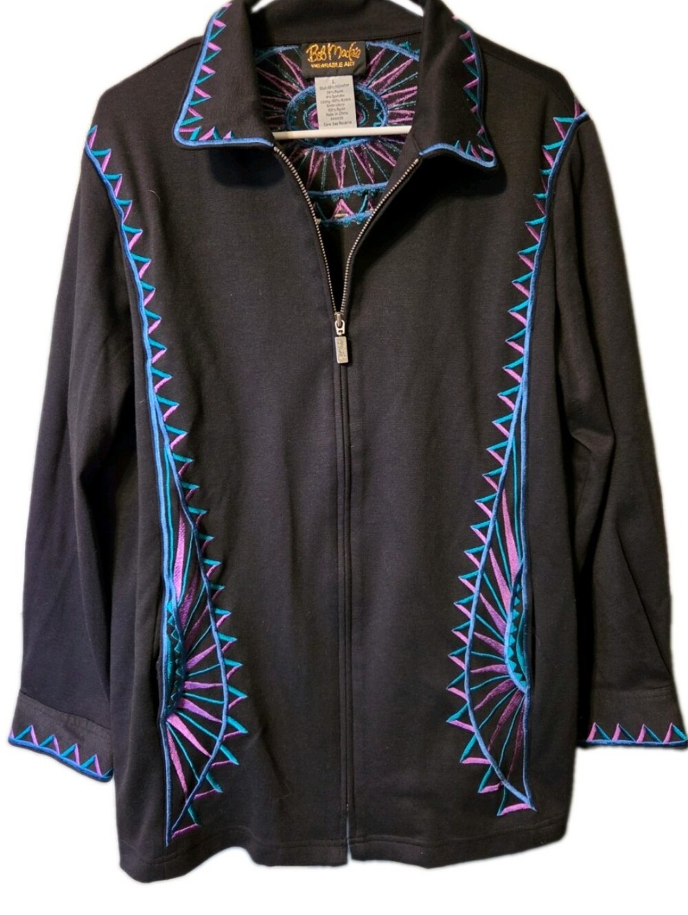 VTG Bob Mackie Black Zip-Front Jacket Teal Purple Embroidery